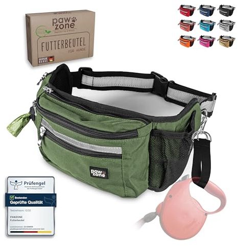 PAWZONE Leckerlitasche für Hunde als Bauchtasche mit Reflektorband | Leckerlibeutel für Hunde · Gassi Tasche Hund · Futterbeutel Hundetraining · Gürteltasche · Inkl. Zusatzgurt für Flexileine