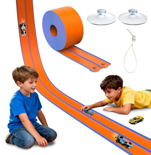 ACELIFE Flexible Autorennbahnen, 4.5M Autorennbahn Inklusive 6 Autos Tragbare Dual Rennstrecke Rampen für 1/64th Autos Spielzeug Geschenk für Kinder ab 3+ Jahr