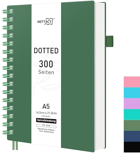 RETTACY Notizbuch A5 Dotted, Bullet Journal Spiral-Notizbuch Gepunktet mit 300 Seiten, Softcover Ringbuch 100 g/m² Dickes für Frauen Männer Arbeit Büro Schule, 14.5 x 21cm - Dunkelgrün