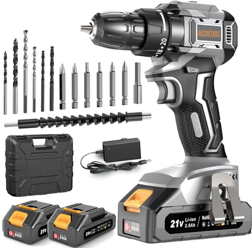 AKZWOXRO Akkuschrauber Bürstenlos 21V, Akku Bohrschrauber mit 2 Akkus 2.0Ah, 45N.m Akku Bohrmaschine, 2 Gang, 20+1 Drehmomentstufen, LED Licht, 14tlg Zubehöre Set für Garten DIY Projekt, Grau