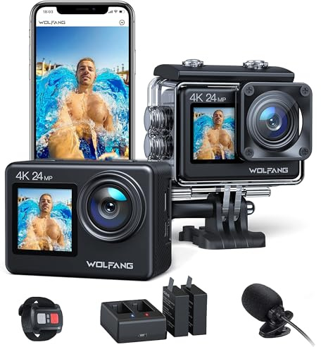 WOLFANG GA200 Action Cam 4K 24MP Unterwasserkamera WiFi 40M wasserdichte EIS Bildstabilisator Touchscreen Helmkamera 170° Weitwinkel Camcorder (Ladegerät, Fernbedienung, 2 Akkus und Zubehör Kit)