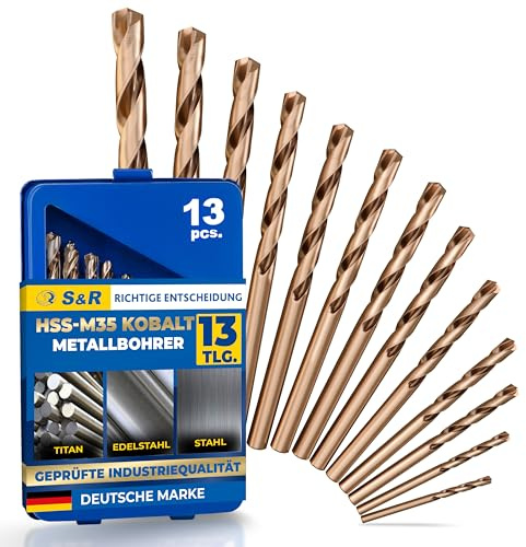 S&R Metallbohrer-Set 1,5-6,5 mm, 13-tlg. Bohrerset HSS-G, Cobaltlegiert, Hochleistungs- und Präzisionsbohrer, Spiralbohrer für Edelstahl, Gusseisen und Stahl, konischer Oberflächenschliff