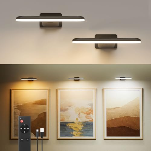 FULEN Bildbeleuchtung Kabellos, Akku Wandleuchte Innen, Kunstleuchten für Malen Foto Portrait, Dart Beleuchtung, LED Wandlampe mit 3 Farbtemperaturen, Fernbedienung mit Timer, Schwarz, 2 Stück