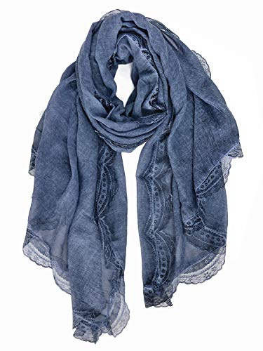 DAMILY Schals & Tücher für Damen mit Spitzenmuster, Schöner Weicher Halstuch und Musselin Tuch für Frauen, Langer Baumwolle lace Festliche Stola (Blau)