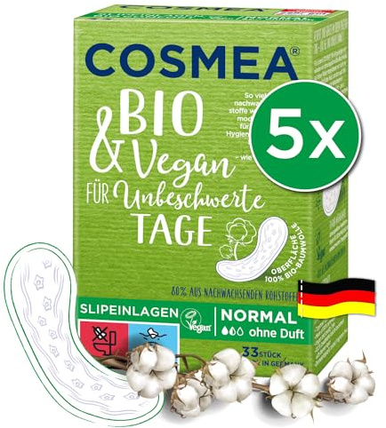 cosmea Slipeinlagen Normal mit Bio Baumwoll-Oberfläche, ohne Duft, Vorteilspack (5 x 33 Stk) Hygiene-Einlagen, made in Germany