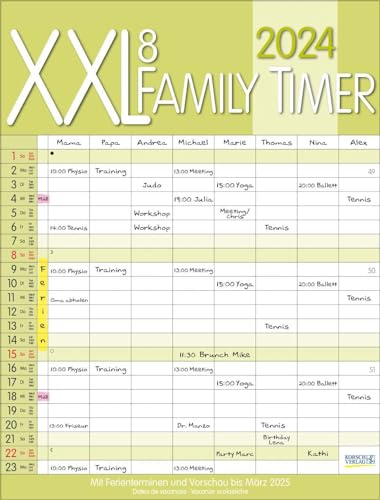 XXL Family Timer 8 2024: Familienplaner mit 8 breiten Spalten. Hochwertiger Familienkalender mit Ferienterminen, extra Spalte, Vorschau bis März 2025 und nützlichen Zusatzinformationen.