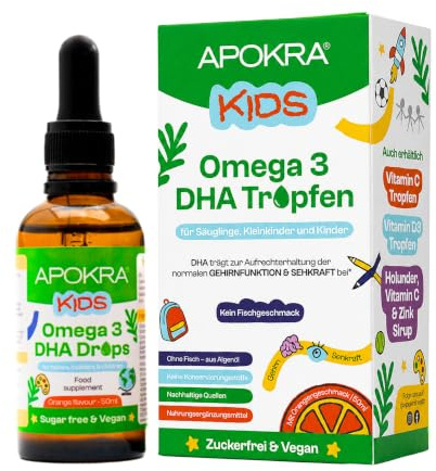 APOKRA Kids Omega 3 Vegan – Algenöl DHA Tropfen für Babys & Kinder ab 3 Monaten – ohne Fischgeschmack, Orangengeschmack – 250 mg DHA (ab 2 Jahren) – laborgeprüft & zuckerfrei – 1er Pack (50 ml)