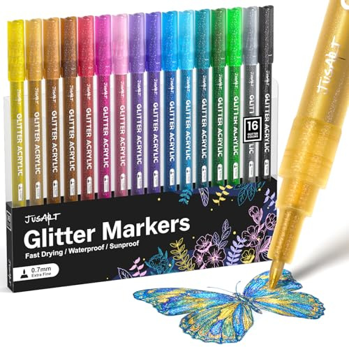 JusArt Glitzerstifte 16 Glitzer Stifte Set,Eierfarben Ostern Geschenke, 0,7 mm feine Spitze,Geschenke für Grußkarten, Bastelsachen Zeichnen,Scrapbook,DIY Fotoalbum