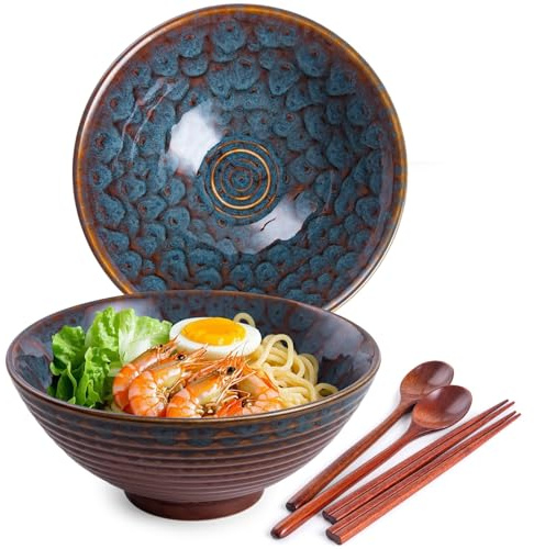 Auanlay 2 x 1200ml Ramen Schüssel Set aus Keramik mit Essstäbchen und Löffeln, 20cm Bowl Schüssel Suppenschüssel Groß (Pfauenschwanz)