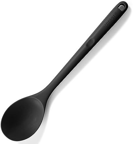 U-Taste langer Silikon Löffel, 315℃ Hitzebeständiger, Schwarz | 33,9 cm massive Kochlöffel, antihaftbeschichteter nahtloser Küchen Servierlöffel zum Mischen Rühren Begießen Schöpfen