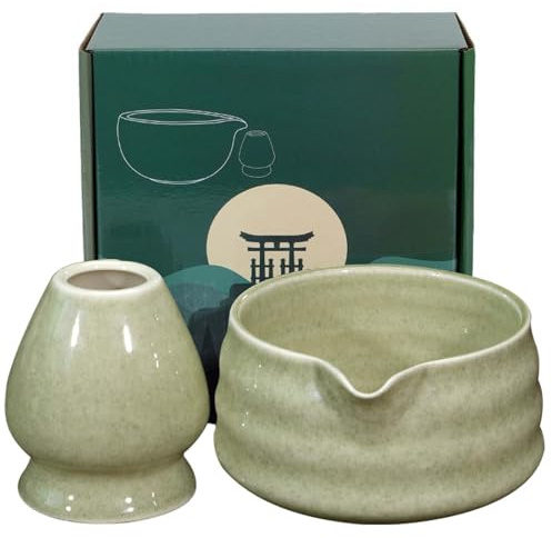 GOMETY Japanische Matcha-Schale aus Keramik mit Ausgießer, Ständer für Schneebesen und traditionellen Chawan-Tee, Matcha-Farbe