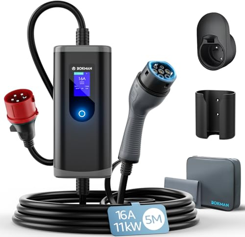 bokman Typ 2 Ladekabel mit CEE Stecker, 5 Meter | 6-16A | 11kW | 3-Phasig | IP65 Wasserdicht, Tragbares EV-Ladegerät und Mobile Wallbox Ladestation für IEC 62196-2 mit Tragetasche & Mikrofaserhandtuch