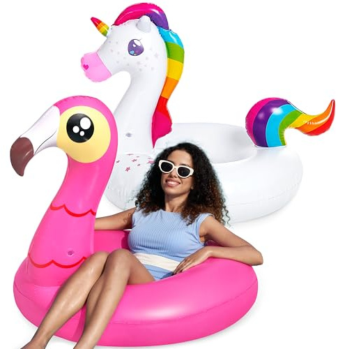 JOYIN 2 Pack Aufblasbare Einhorn und Flamingo Luftmatratze mit Glitzer, Pool Float, Schwimmtier Luftmatratze, Strand Schwimmbad Spielzeug, Sommer-Party Dekoration für Kinder (102 x 99 cm)