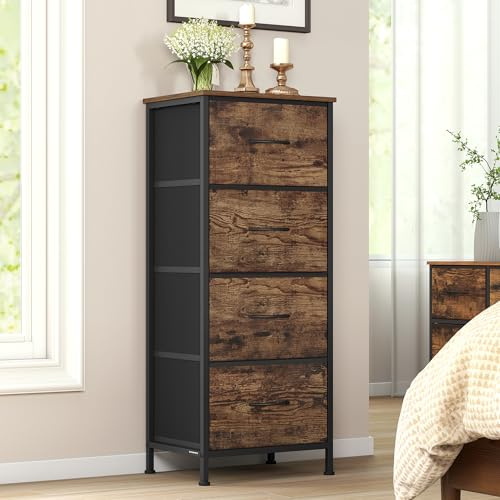 SONGMICS Kommode, Schrank, 4 Stoffschubladen, Aufbewahrungsschrank, Stahl, MDF, Vliesstoff, für Schlafzimmer, Flur, Wohnzimmer, vintagebraun-tintenschwarz LGS314BH04