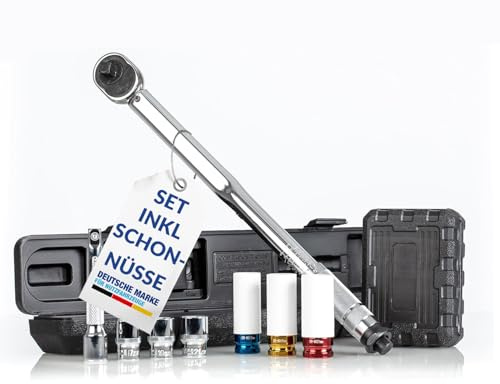 NTG Drehmomentschlüssel 1/2 Zoll 40-210 Nm - 3 Stecknüsse Verlängerung | Schoneinsätze für Alufelgen - für Auto Motorrad SUV Van - Werkstatt Kfz Werkzeug 17 19 21mm Steckschlüssel