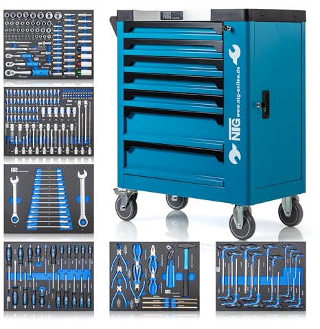 NTG Werkzeugwagen gefüllt mit Werkzeug 252-teilig - 7 Schubladen Blau | Abschließbarer Werkstattwagen - davon 6 Teile bestückt - Soft Inlays in Carbonoptik - Werkstatt Garage