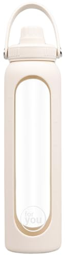 for you Hydroline Glas-Trinkflasche light beige 1000 ml - Innovativer Deckel mit Doppel-Öffnung - aus Glas mit Silikonhülle & Zeitmarkierung - Spülmaschinenfest & BPA-frei - geeignet von -20°C – 150°C