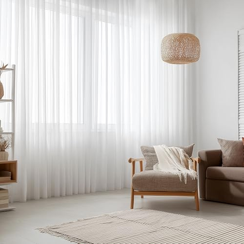 PONY DANCE Extra breite Gardinen mit Kräuselband Raumteiler Vorhang Weiß | 1er Set,H245 x B450 cm,Wohnzimmer Vorhang Transparent,Voile Gardinen für Schienensystem,Sanfte Lichtfilterung ohne Dunkelheit
