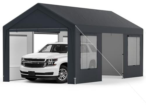 COSTWAY Zeltgarage Carport, 595x300cm, Garagenzelt mit 8 abnehmbaren Seitenwänden, Rolltüren & belüfteten Fenstern, Weidezelt, Lagerzelt, Garage Unterstand, Garagenüberdachung für Auto, SUV, Lkw, Boot