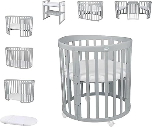 Waldin Oval Baby-Bett Mitwachsend Komplett Set 7in1, Gitterbett, Kinderbett mit Matratze, Wickelkommode, Beistellbett, Holz Grau