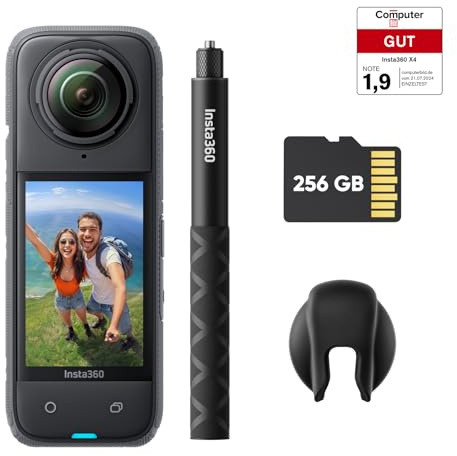 Insta360 X4 Auf Geht's-Kit – wasserdichte 8K 360°-Action-Cam, 4K Weitwinkelvideos, Unsichtbarer Selfie-Stick Effekt, Abnehmbarer Linsenschutz, 135 min Akkulaufzeit, KI-Bearbeitung, Stabilisierung