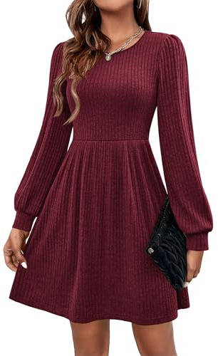 Hotouch Strickkleid Damen Herbst Kleider Rundhals Herbstkleid Langarm Kleid
