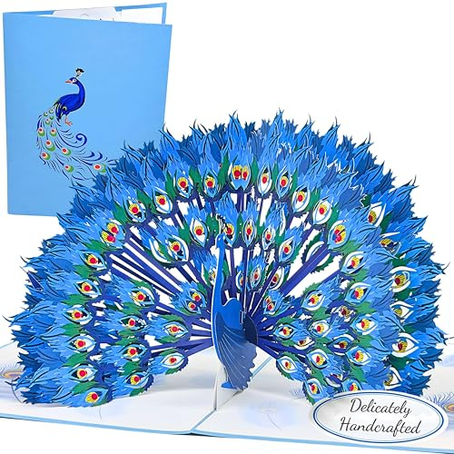 Magic Moments® Pop Up Karte Stolzer Pfau – Besondere Geburtstagskarte 3D für Frau, Freundin, Mädchen – Handgemachte 3D Pop Up Karte zum Geburtstag Frau, Mann – Große Glückwunschkarte Pfau mit Umschlag