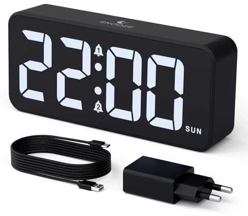 CHEREEKI Wecker Digital mit großem LED-Display, 10 Klingeltönen, Doppelalarm, Schlummerfunktion, 3 Alarmplänen, Einstellbarer Helligkeit und Lautstärke, Netzbetrieb, Adapter enthalten, Schwarz