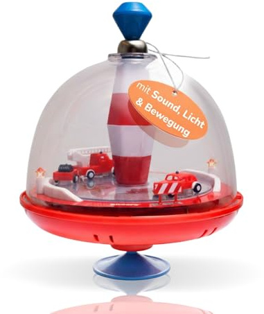alldoro 68030 Brummkreisel mit Feuerwehr-Motiv, inkl. Sirenensound & beweglichen Fahrzeugen, Ø 19 cm, 24 cm hoch, aus ABS-Kunststoff, ab 18 Monaten