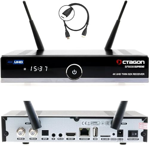 Octagon SF8008 UHD 4K Supreme Twin Sat Receiver, 2X DVB-S2X Tuner, E2 Linux & Define OS, mit PVR Aufnahmefunktion, M.2 M Key, Gigabit LAN, Kartenleser, Sat to IP, WiFi WLAN + HM-SAT HDMI Kabel