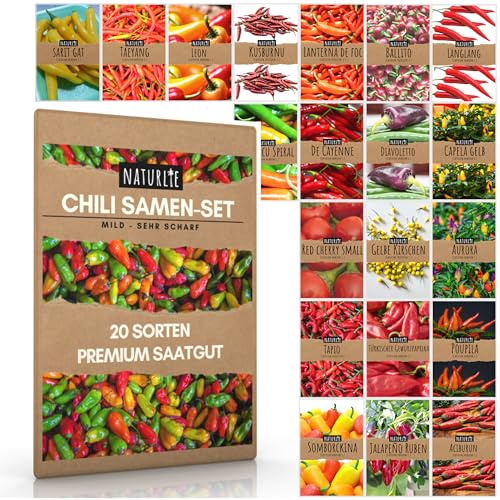 20er Chili Samen Set von Naturlie, 20 Sorten Chilisamen mild bis sehr scharf, Chili Set für Balkon, Garten, Gewächshaus, Hochbeet - Premium Chilisortiment