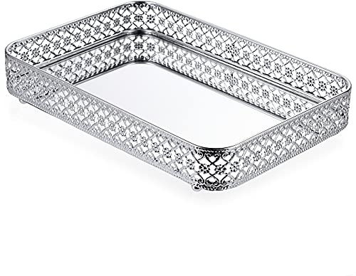 BSTKEY 30 x 20 cm Schminkspiegel-Ablagetablett für Schmuck, Kosmetik, Make-up, Kommode, Badezimmer, Schlafzimmer, Arbeitsplatte, Organizer (Silber)