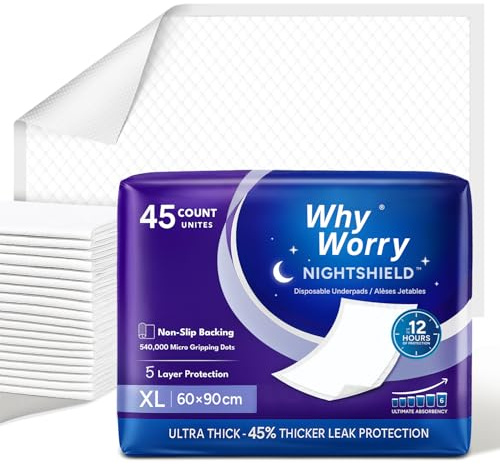 WhyWorry NightShield Inkontinenz Bettunterlage 60 x 90 cm mit Antirutsch Noppen, Einweg Inkontinenzauflagen Für Erwachsene und Babys, Rutschfestigkeit Saugfähig Wickelunterlage Wasserdicht, 45 Stück