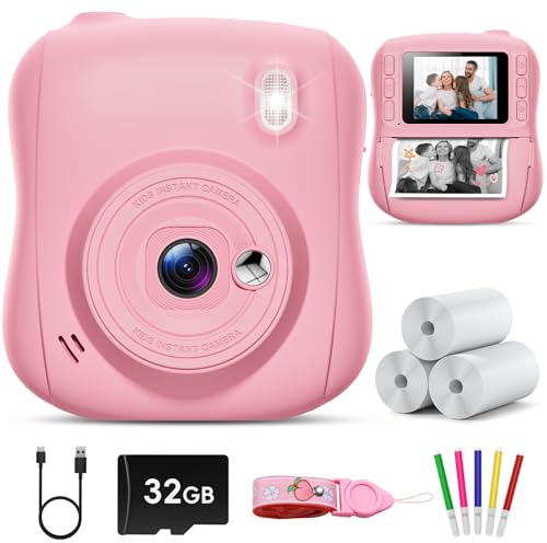 Hangrui Kinderkamera Sofortbildkamera, 14MP Sofortbildkamera Kinder mit 32G Karte & Druckpapier, 1080P Kamera Kinder Sofortdruck mit Farbige Stifte, Geschenk für 3-12 Jungen und Mädchen-Rosa