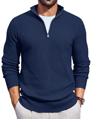 COOFANDY Herren Zip Pullover Rollkragenpullover Strickpullover Troyer Pullover mit Stehkragen Herrenpullover Langarm Navy Blau L