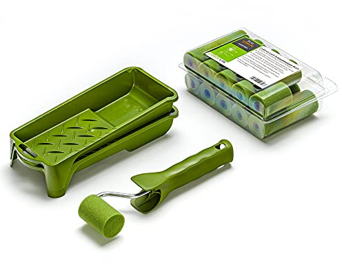 Colorus Lackier Set 20x Schaumstoff Lackrolle 5 cm superfein gerade - 2x Lackierwanne - 1x Farbrollerbügel - Lackierwalze Schaum Lackierrolle Schaumwalze - Farbroller klein Malerset