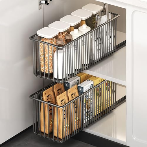 KEXIBO 2er Set Ausziehbare Schublade Küche Schmal 15,3cm, Teleskopschublade Ohne Bohren, Nischenregal Schrankauszug, Küchen Schrank Organizer rahmenlos, Schwarz, 41cm Tiefe