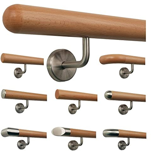 TIBU Buche Geländer Handlauf Treppe Holz Griff gew. Edelstahlhalter, Länge 30-500 cm aus einem Stück/Variante:200 cm mit 3 Halter Halbkugel gefräst