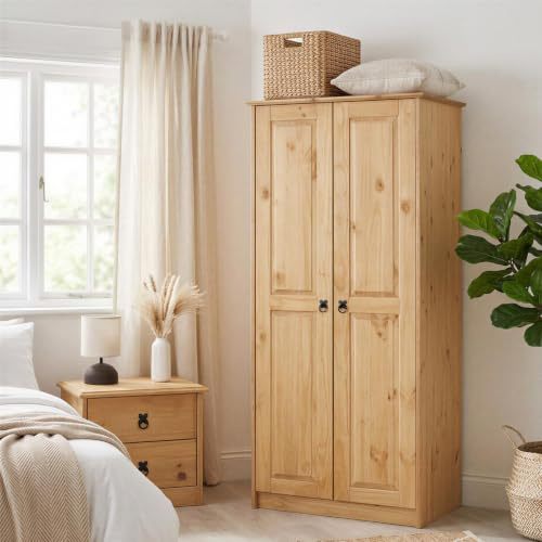 CARO-Möbel Kleiderschrank Barrio Wäscheschrank Drehtürenschrank im Mexiko-Stil, Kiefer massiv in Natur, 2 Türen