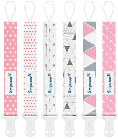 Smlpuame Baby Schnullerkette Mädchen,6 Stück BPA-Frei Schnullerband Stoff Mädchen,Schnuller Kette Nuckelkette Passen Die Meisten Schnuller und Beißspielzeug,Dummy Clips für Baby(Rosa,Grau)