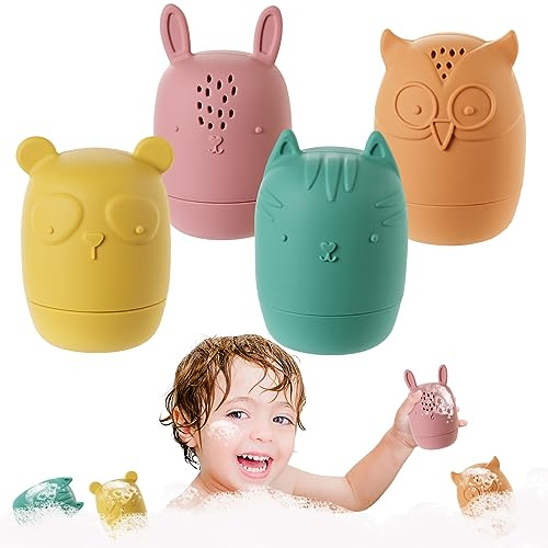 HOTUT Badewannenspielzeug,4 Stück Silikon Badewannen Spielzeug,BPA-Free Wasserspielzeug Baby,Süße Bade Spritztiere,Badetiere für Babys und Kleinkinder
