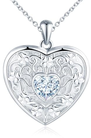 MicLee Damen Herz Kette Anhänger 925 Silber Foto Medaillons Silber Photo Halskette Amulett Zarte Florale Gravur mit Herzförmiger Zirkon Openable Anhänger