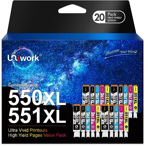 Uniwork 550 551 XL Multipack Patronen Kompatibel für Canon PGI-550 PGBK CLI-551 XL Druckerpatronen für Canon Pixma MX925 IP7250 MG5650 MX725 MX920 MG5550 IP7200 MG6650 MG6450 IX6850 MG5450 (20er-Pack)