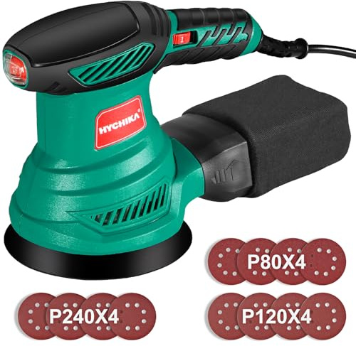 HYCHIKA Exzenterschleifer, 300W Schleifmaschine mit Absaugung für Holz, 6 Geschwindigkeiten 6000-13000 U/min, mit 12pcs Schleifpapier 125mm klett, Staubfangbehälter
