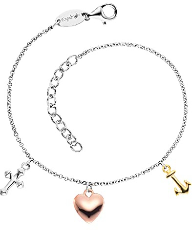 Engelsrufer Damen Armband Glaube Liebe Hoffnung, Sterling Silber tricolor mit Kreuz Herz Anker Anhängern, längenverstellbar 17–20 cm, Karabinerverschluss, nickelfrei