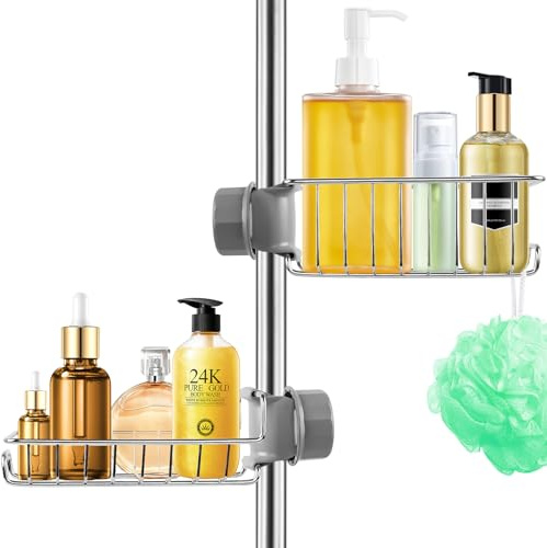 Feebee Duschablage ohne Bohren Edelstahl 2 Stück, Duscharegal Badezimmer Silber Shampoo Halterung für Dusche, Duschgelhalter Rostfrei Duschkorb Seifenhalter für Stange 18mm-27mm (Silber)