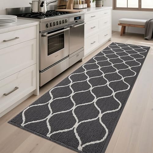 COSY HOMEER Küchenteppich rutschfest 60 x 180 cm, Grau | Küchenläufer mit marokkanischem Rautenmuster, rutschfest, waschbar, schmutzabweisend, 100% Polypropylen, für Flur und Eingang
