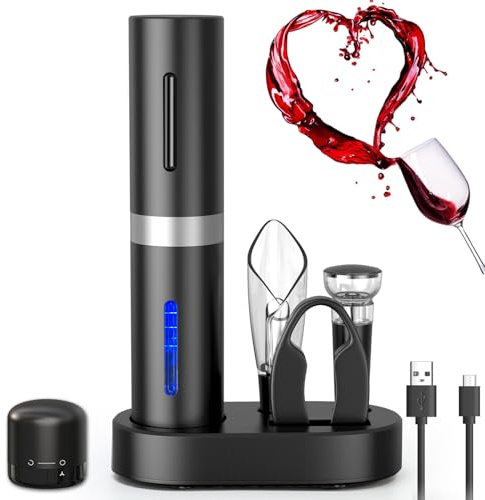 ZOYIDOUX Elektrischer wiederaufladbarer Korkenzieher 7 in 1 Geschenkset, Flaschenöffner mit Ladestation, Kapselschneider, Weinbelüfter, Silikon-Vakuumstopfen, Weinverschluss, USB-Kabel