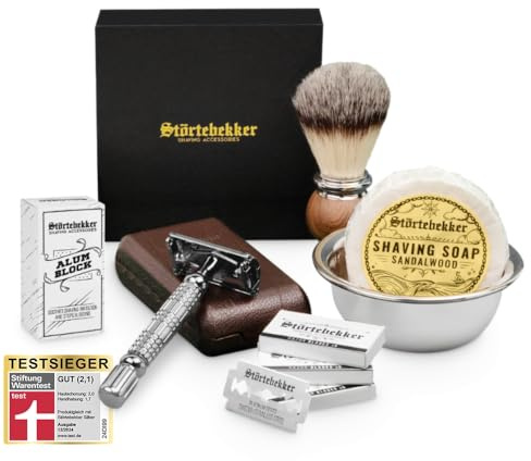Störtebekker® Premium Rasierhobel Set für Herren im handgefertigten Lederetui - Rasierset mit Rasierpinsel, Rasierschale Edelstahl, Rasierseife, Alaunstein und Rasierklingen - Bartpflege Set Männer
