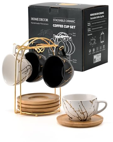 HOME DECOR Keramik Cappuccino Tassen 4er Set, 220ml stapelbare Cappuccino Tassen und Untertasse mit Metallständer für Kaffeeliebhaber, Cappuccino, Latte, Americano und Tee -Schwarz&Weiß